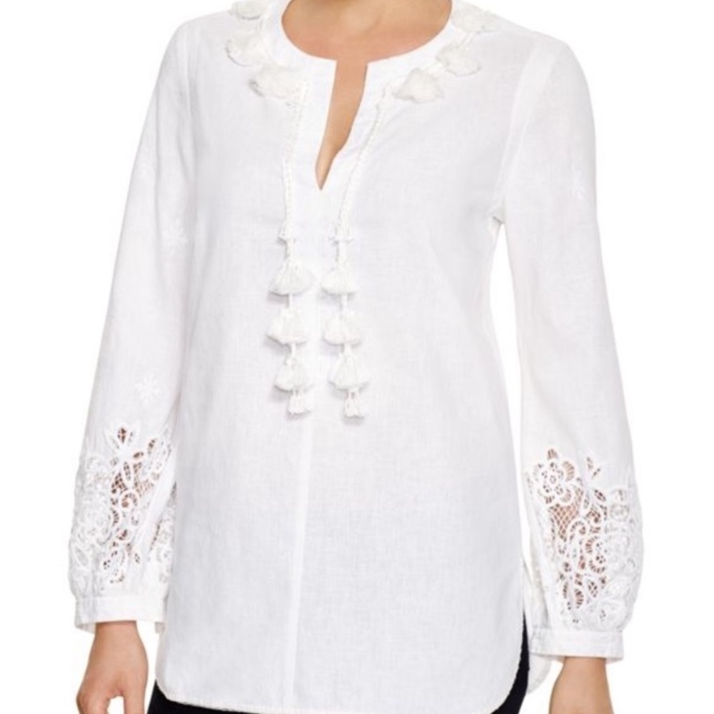 Kobi Halperin Linen Blend White Tassel Neckline Blouse Split Neck Tunic Top - Picture 2 of 14